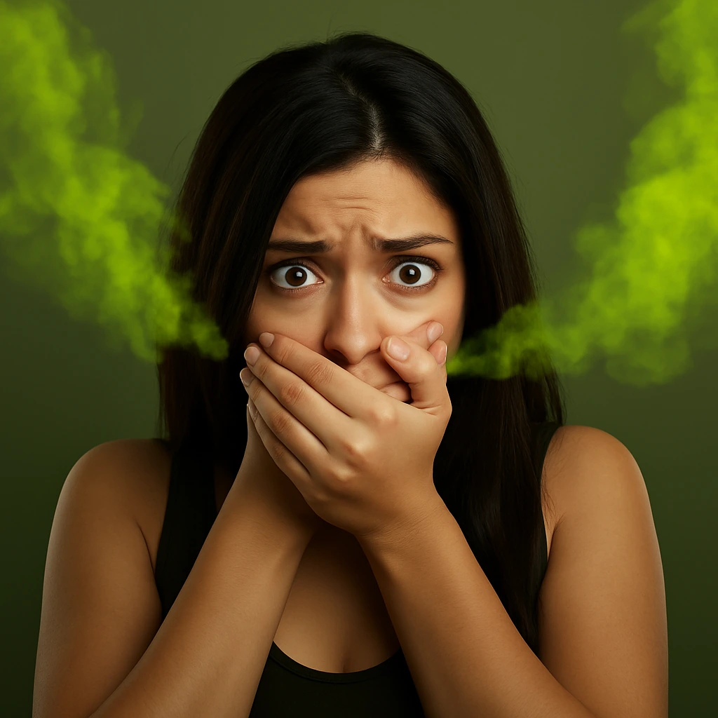 Woman covering mouth due to bad breath